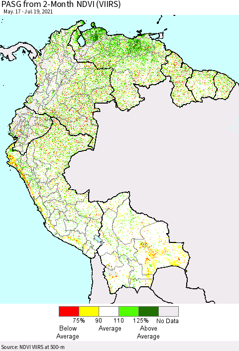 Northern South America PASG from 2-Month NDVI (VIIRS) Thematic Map For 7/12/2021 - 7/19/2021