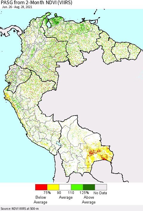 Northern South America PASG from 2-Month NDVI (VIIRS) Thematic Map For 8/21/2021 - 8/28/2021