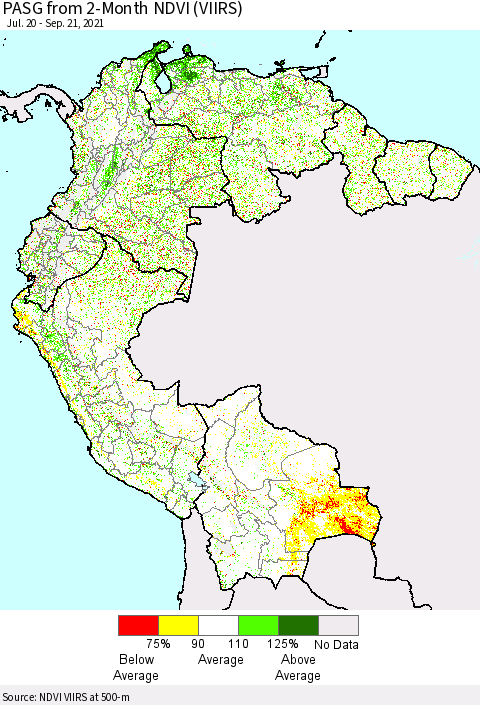 Northern South America PASG from 2-Month NDVI (VIIRS) Thematic Map For 9/14/2021 - 9/21/2021