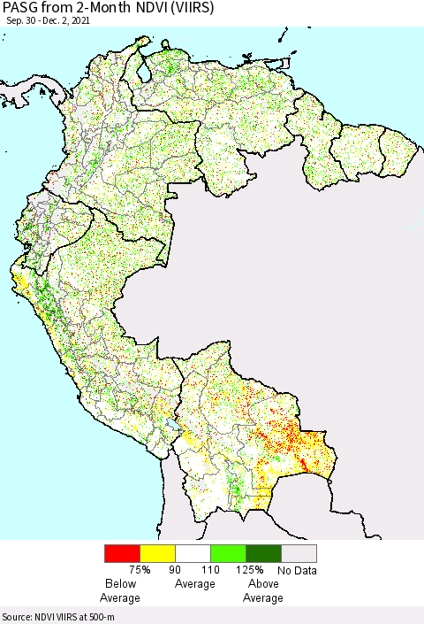 Northern South America PASG from 2-Month NDVI (VIIRS) Thematic Map For 11/25/2021 - 12/2/2021