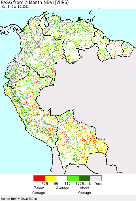 Northern South America PASG from 2-Month NDVI (VIIRS) Thematic Map For 12/1/2021 - 12/10/2021