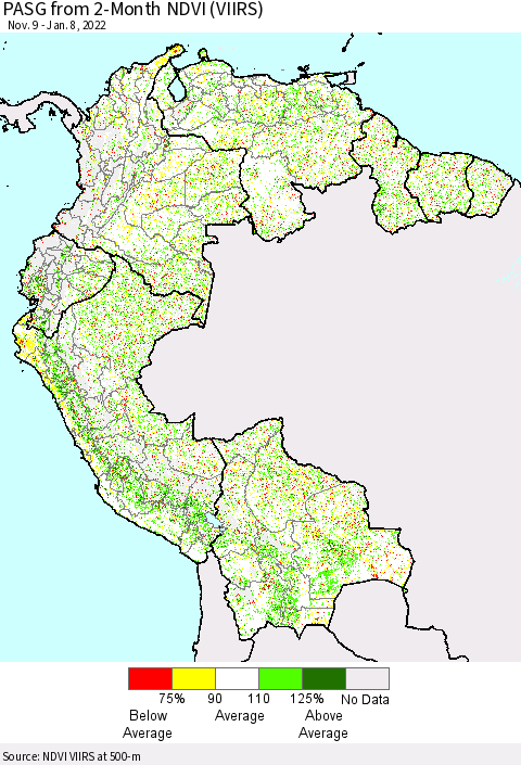 Northern South America PASG from 2-Month NDVI (VIIRS) Thematic Map For 1/1/2022 - 1/8/2022
