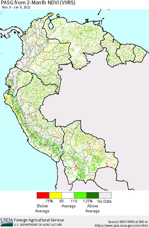 Northern South America PASG from 2-Month NDVI (VIIRS) Thematic Map For 1/1/2022 - 1/10/2022