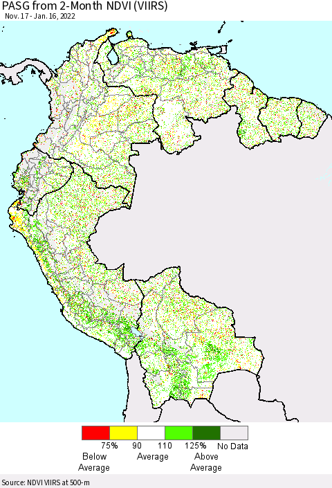 Northern South America PASG from 2-Month NDVI (VIIRS) Thematic Map For 1/9/2022 - 1/16/2022