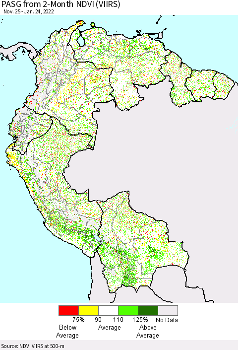 Northern South America PASG from 2-Month NDVI (VIIRS) Thematic Map For 1/17/2022 - 1/24/2022
