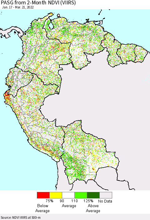 Northern South America PASG from 2-Month NDVI (VIIRS) Thematic Map For 3/14/2022 - 3/21/2022