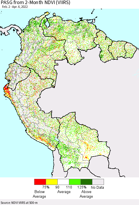 Northern South America PASG from 2-Month NDVI (VIIRS) Thematic Map For 3/30/2022 - 4/6/2022