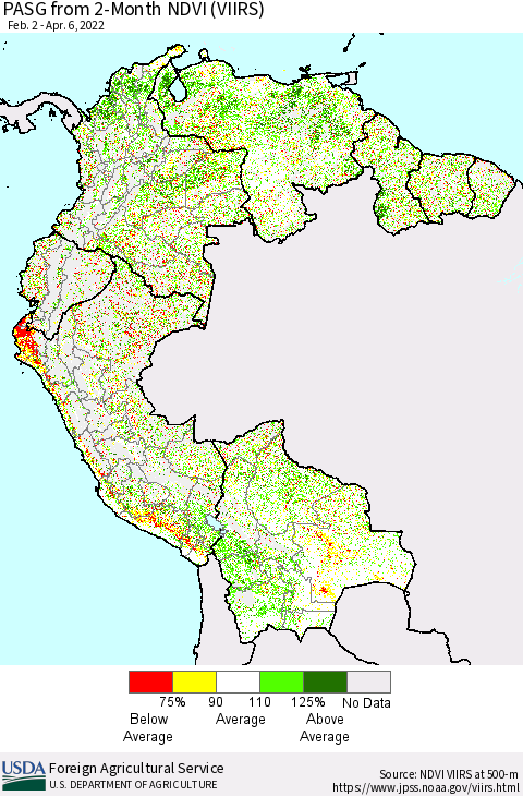 Northern South America PASG from 2-Month NDVI (VIIRS) Thematic Map For 4/1/2022 - 4/10/2022