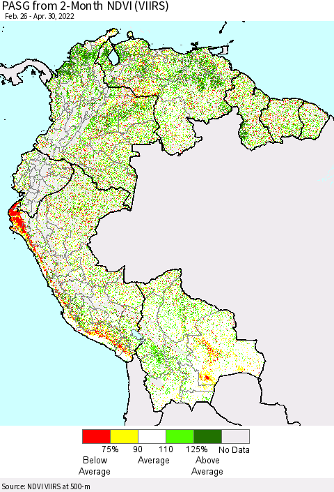 Northern South America PASG from 2-Month NDVI (VIIRS) Thematic Map For 4/21/2022 - 4/30/2022
