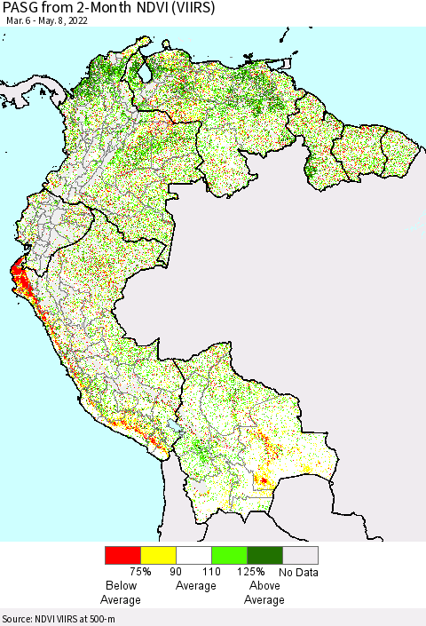Northern South America PASG from 2-Month NDVI (VIIRS) Thematic Map For 5/1/2022 - 5/8/2022