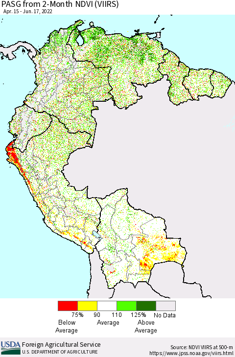Northern South America PASG from 2-Month NDVI (VIIRS) Thematic Map For 6/11/2022 - 6/20/2022