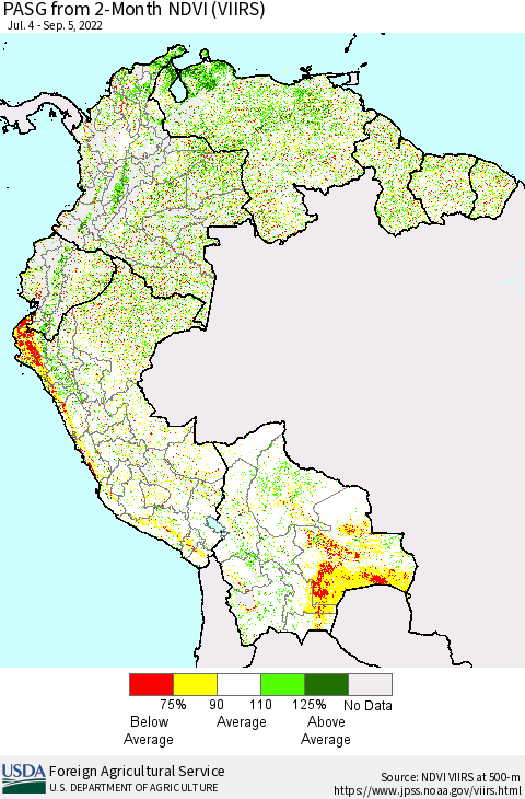 Northern South America PASG from 2-Month NDVI (VIIRS) Thematic Map For 9/1/2022 - 9/10/2022
