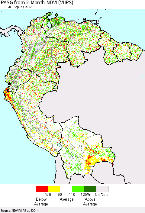 Northern South America PASG from 2-Month NDVI (VIIRS) Thematic Map For 9/22/2022 - 9/29/2022