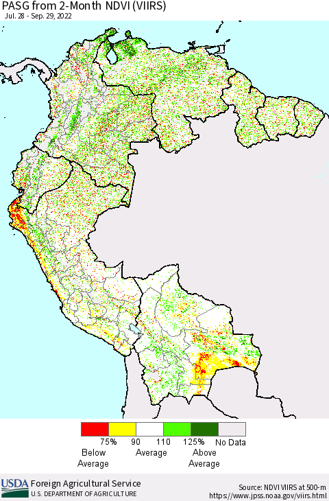 Northern South America PASG from 2-Month NDVI (VIIRS) Thematic Map For 9/21/2022 - 9/30/2022
