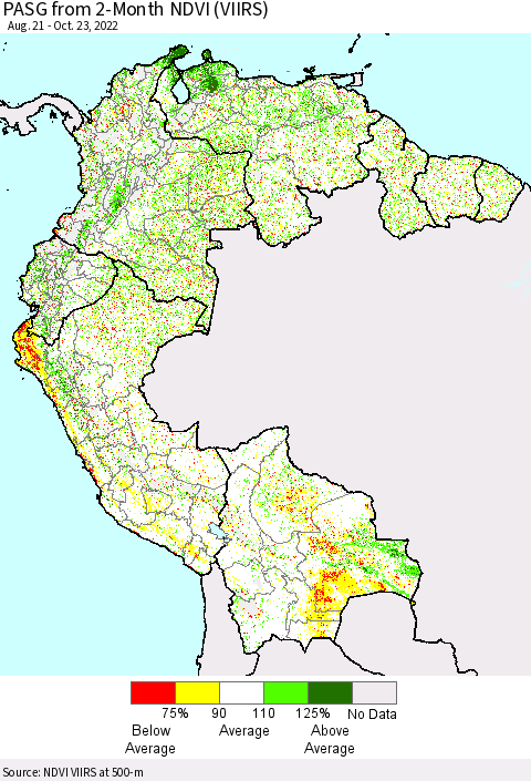 Northern South America PASG from 2-Month NDVI (VIIRS) Thematic Map For 10/16/2022 - 10/23/2022