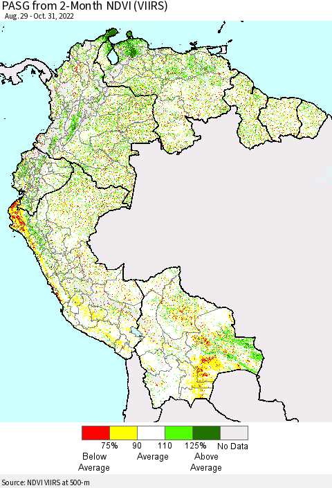 Northern South America PASG from 2-Month NDVI (VIIRS) Thematic Map For 10/21/2022 - 10/31/2022