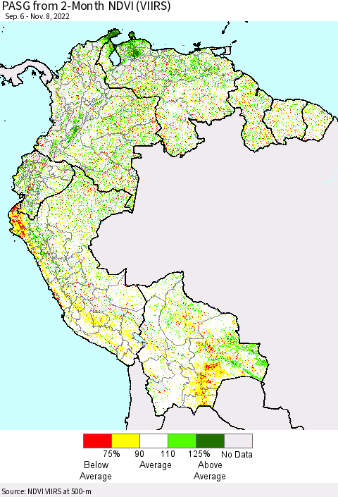 Northern South America PASG from 2-Month NDVI (VIIRS) Thematic Map For 11/1/2022 - 11/8/2022