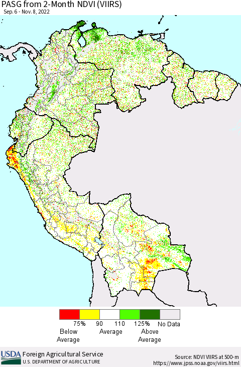 Northern South America PASG from 2-Month NDVI (VIIRS) Thematic Map For 11/1/2022 - 11/10/2022