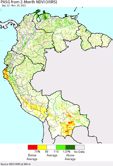 Northern South America PASG from 2-Month NDVI (VIIRS) Thematic Map For 11/17/2022 - 11/24/2022