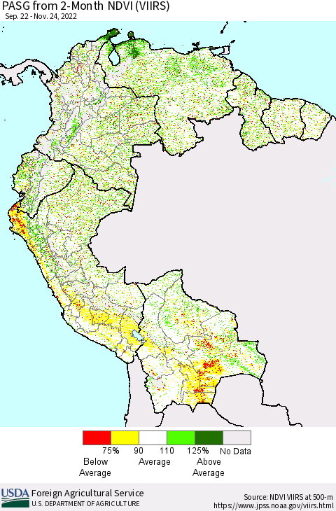 Northern South America PASG from 2-Month NDVI (VIIRS) Thematic Map For 11/21/2022 - 11/30/2022
