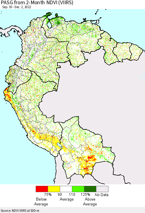Northern South America PASG from 2-Month NDVI (VIIRS) Thematic Map For 11/25/2022 - 12/2/2022
