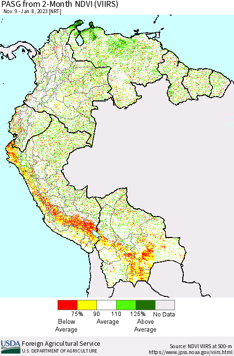 Northern South America PASG from 2-Month NDVI (VIIRS) Thematic Map For 1/1/2023 - 1/10/2023