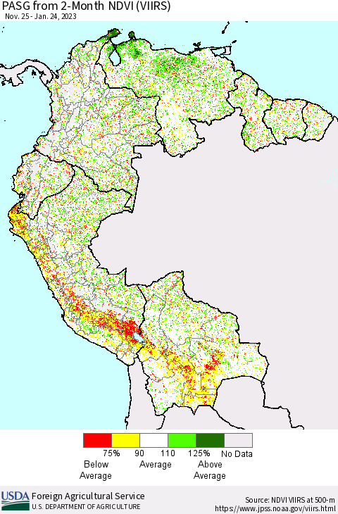 Northern South America PASG from 2-Month NDVI (VIIRS) Thematic Map For 1/21/2023 - 1/31/2023