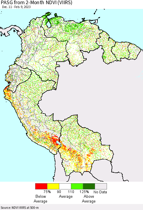 Northern South America PASG from 2-Month NDVI (VIIRS) Thematic Map For 2/2/2023 - 2/9/2023