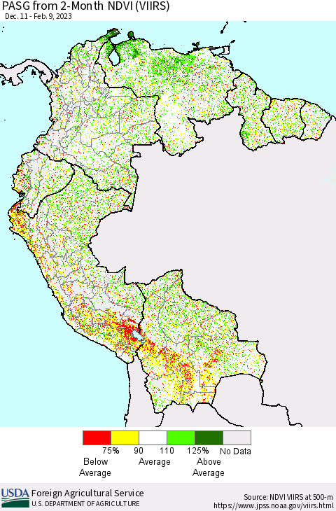 Northern South America PASG from 2-Month NDVI (VIIRS) Thematic Map For 2/1/2023 - 2/10/2023