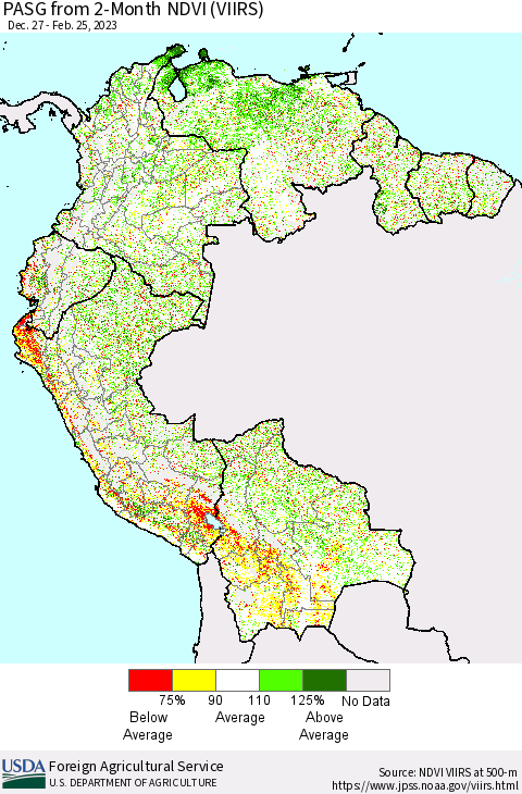 Northern South America PASG from 2-Month NDVI (VIIRS) Thematic Map For 2/21/2023 - 2/28/2023