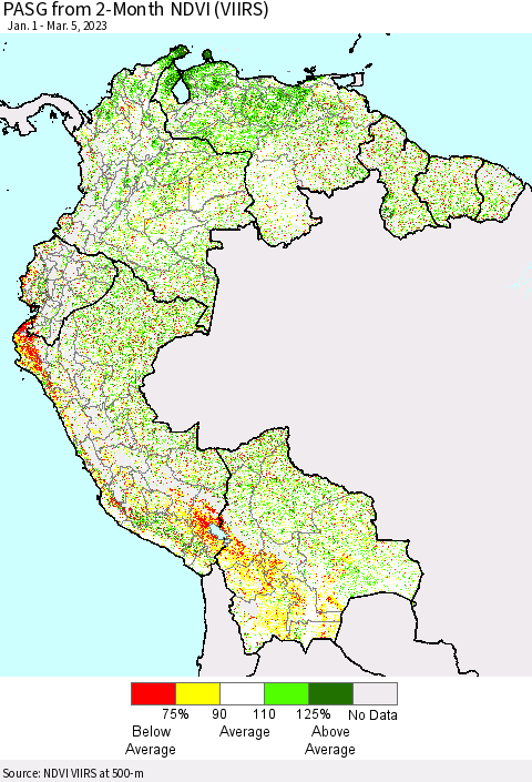 Northern South America PASG from 2-Month NDVI (VIIRS) Thematic Map For 2/26/2023 - 3/5/2023
