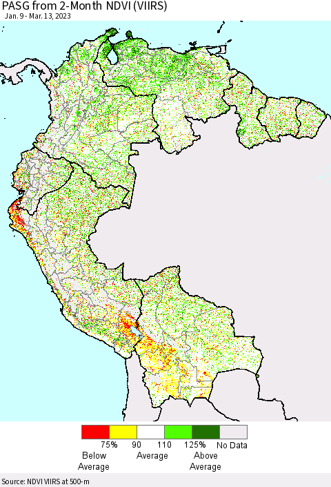 Northern South America PASG from 2-Month NDVI (VIIRS) Thematic Map For 3/6/2023 - 3/13/2023