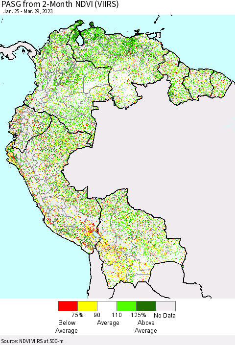 Northern South America PASG from 2-Month NDVI (VIIRS) Thematic Map For 3/22/2023 - 3/29/2023