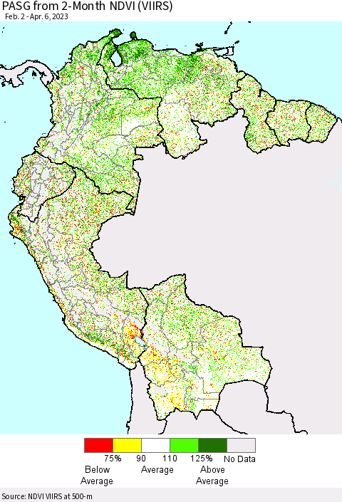 Northern South America PASG from 2-Month NDVI (VIIRS) Thematic Map For 3/30/2023 - 4/6/2023