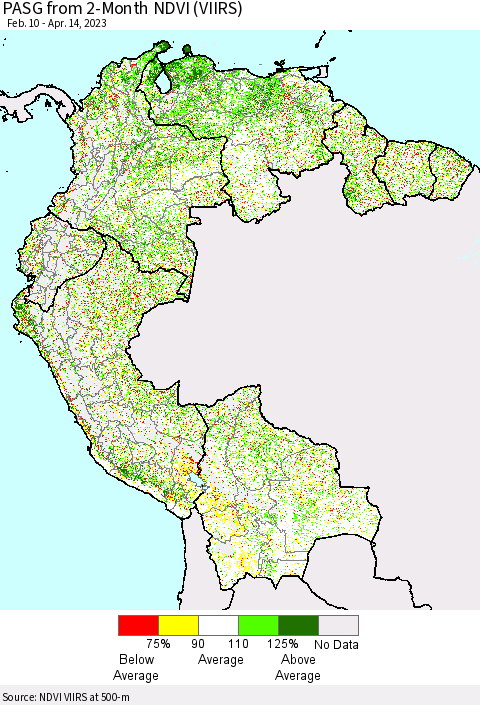 Northern South America PASG from 2-Month NDVI (VIIRS) Thematic Map For 4/7/2023 - 4/14/2023