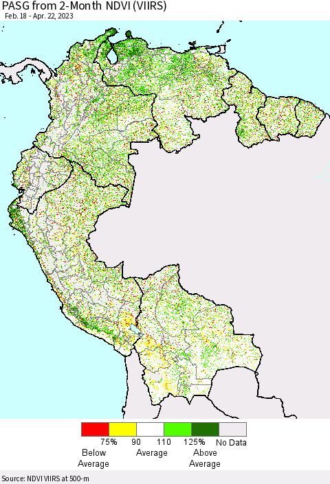 Northern South America PASG from 2-Month NDVI (VIIRS) Thematic Map For 4/15/2023 - 4/22/2023