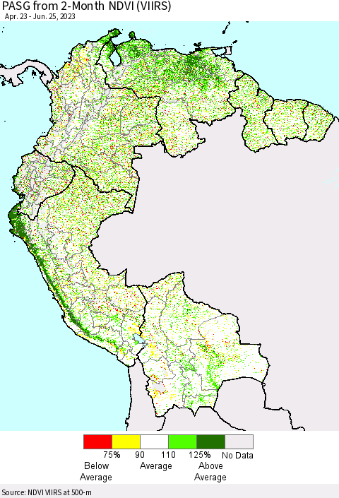 Northern South America PASG from 2-Month NDVI (VIIRS) Thematic Map For 6/18/2023 - 6/25/2023