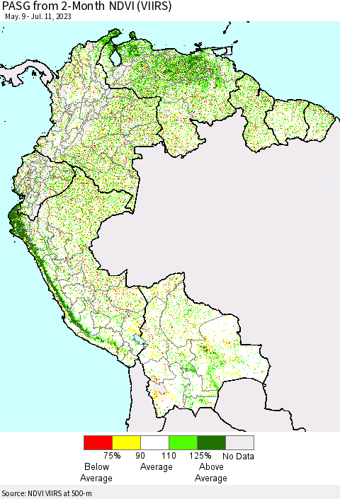 Northern South America PASG from 2-Month NDVI (VIIRS) Thematic Map For 7/4/2023 - 7/11/2023