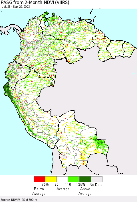 Northern South America PASG from 2-Month NDVI (VIIRS) Thematic Map For 9/22/2023 - 9/29/2023