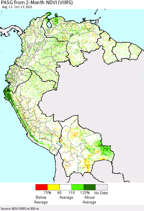Northern South America PASG from 2-Month NDVI (VIIRS) Thematic Map For 10/8/2023 - 10/15/2023