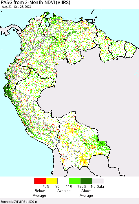Northern South America PASG from 2-Month NDVI (VIIRS) Thematic Map For 10/16/2023 - 10/23/2023