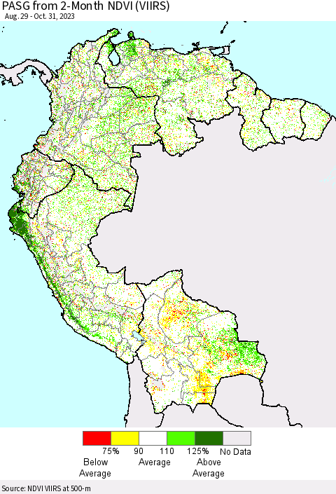 Northern South America PASG from 2-Month NDVI (VIIRS) Thematic Map For 10/24/2023 - 10/31/2023