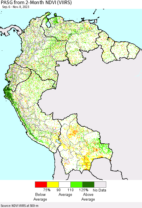 Northern South America PASG from 2-Month NDVI (VIIRS) Thematic Map For 11/1/2023 - 11/8/2023