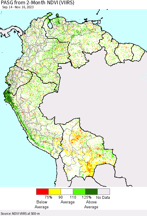 Northern South America PASG from 2-Month NDVI (VIIRS) Thematic Map For 11/9/2023 - 11/16/2023