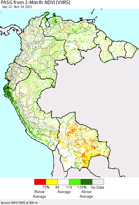 Northern South America PASG from 2-Month NDVI (VIIRS) Thematic Map For 11/17/2023 - 11/24/2023