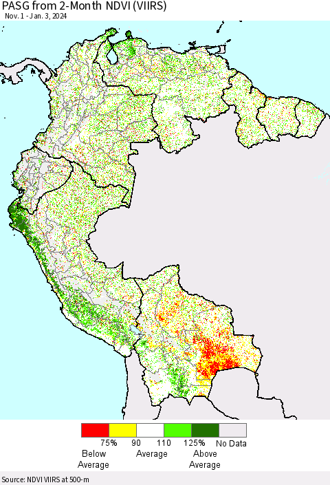 Northern South America PASG from 2-Month NDVI (VIIRS) Thematic Map For 12/27/2023 - 1/3/2024