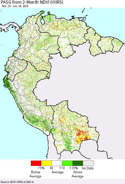 Northern South America PASG from 2-Month NDVI (VIIRS) Thematic Map For 1/17/2024 - 1/24/2024