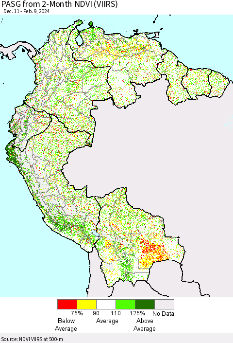Northern South America PASG from 2-Month NDVI (VIIRS) Thematic Map For 2/2/2024 - 2/9/2024