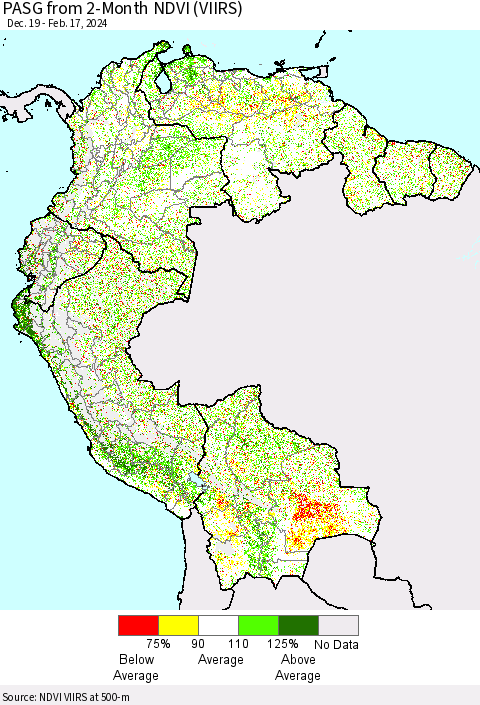 Northern South America PASG from 2-Month NDVI (VIIRS) Thematic Map For 2/10/2024 - 2/17/2024