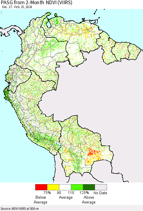 Northern South America PASG from 2-Month NDVI (VIIRS) Thematic Map For 2/18/2024 - 2/25/2024